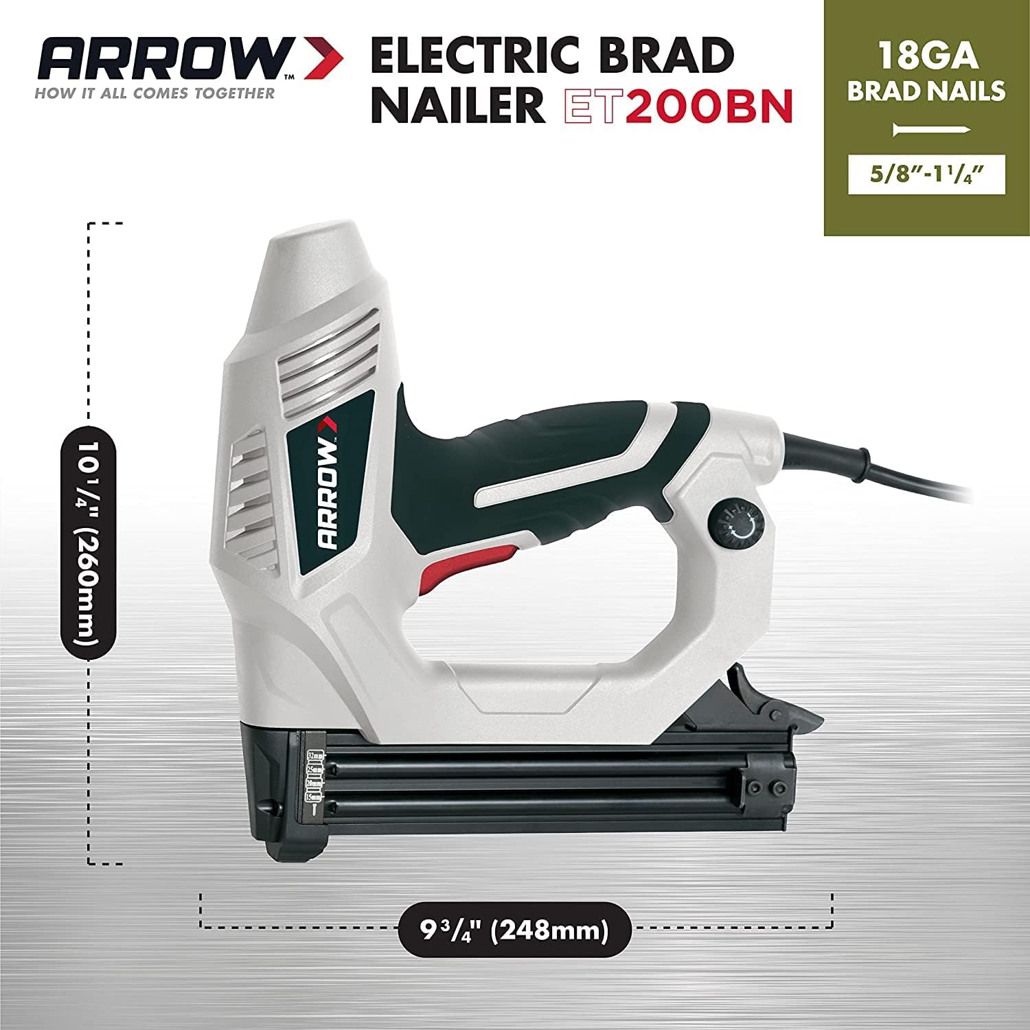 Arrow ET200BN Heavy Duty Electric Brad Nailer, Professional Nail Gun for Trim, Picture Frames, Crafts, Fencing, Uses Brad Nails in 5/8", 3/4", and 1"