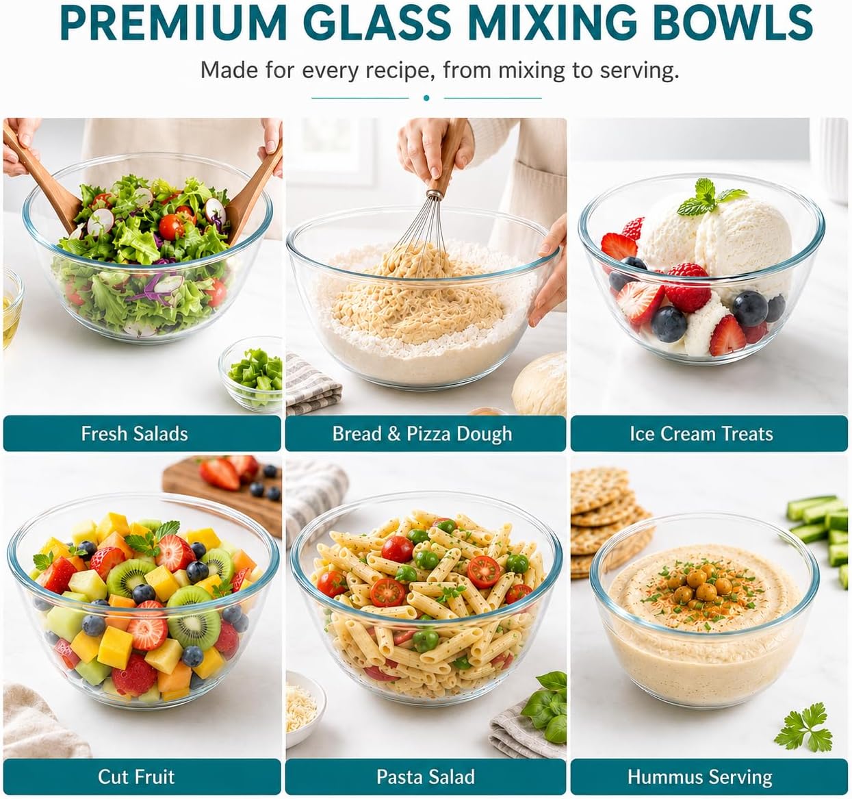 Luvan Glass Mixing Bowls with Lids Set(4.5QT, 2.7QT, 1.1QT)-Large Glass Mixing Bowls, Clear Salad Bowl for Baking, Cooking, Serving, Food Prep, 3PC Nesting Bowls for Kitchen Storage & Dishwasher Safe