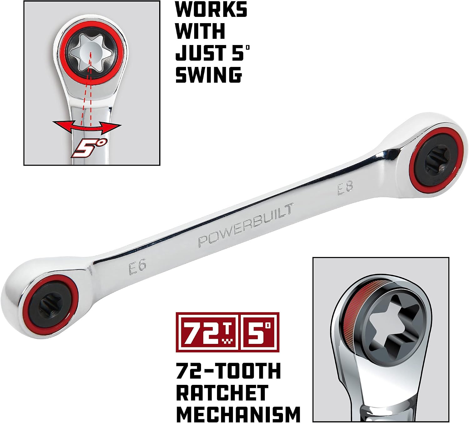 Powerbuilt E10/E12 Ratcheting Double Box-End E-Torx E-Star Wrench, 72-Tooth Ratcheting Wrench with 5-Degree Swing for Tight Spaces - 641760
