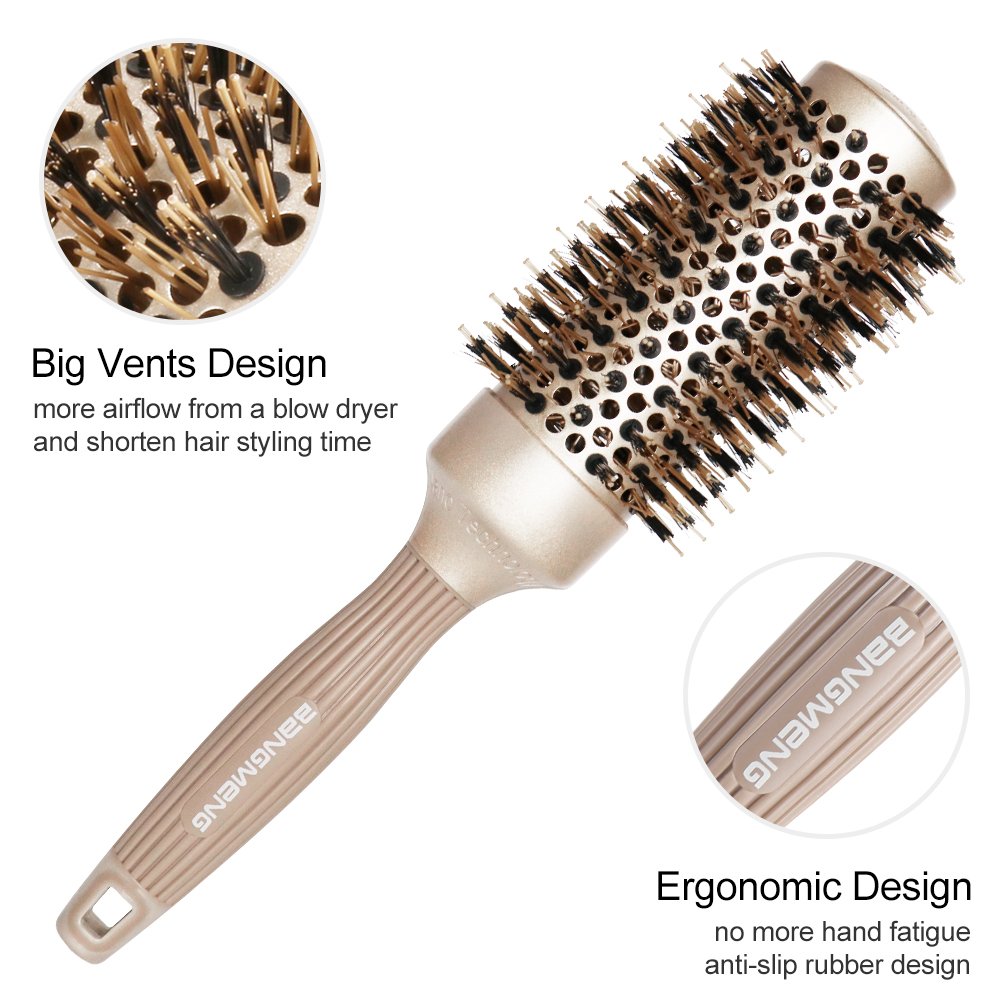 BANGMENG Round Brush with Boar Bristles, 1 inch Barrel, Nano Thermal Ceramic Ionic Tech for Straightening and Blow Drying, Gold