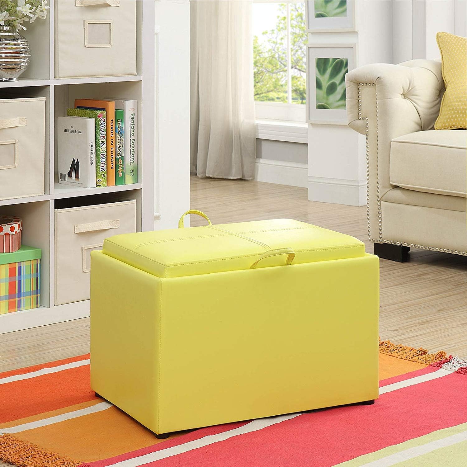 Convenience Concepts Designs4Comfort Accent Storage Ottoman 22.75" - Modern Foot Stool with Decorative Tray for Living Room, Dining Room, Office, Blue Faux Leather
