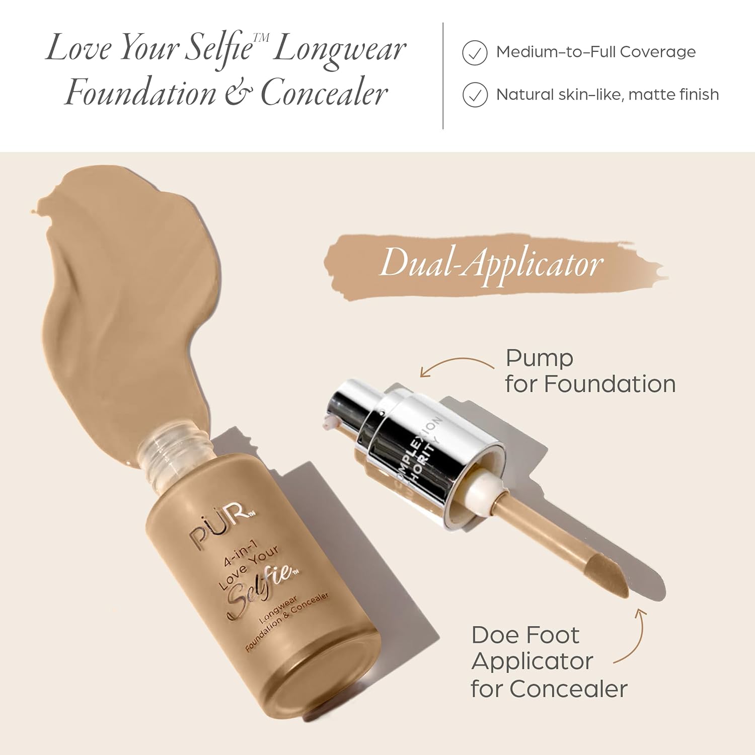 PÜR MINERALS 4-in-1 Love Your Selfie Foundation & Concealer - Longwear Medium-to-Full Coverage Liquid Makeup Foundation with Hydrating Blend for Refined-Looking, Natural Beauty Glow & Skin Texture