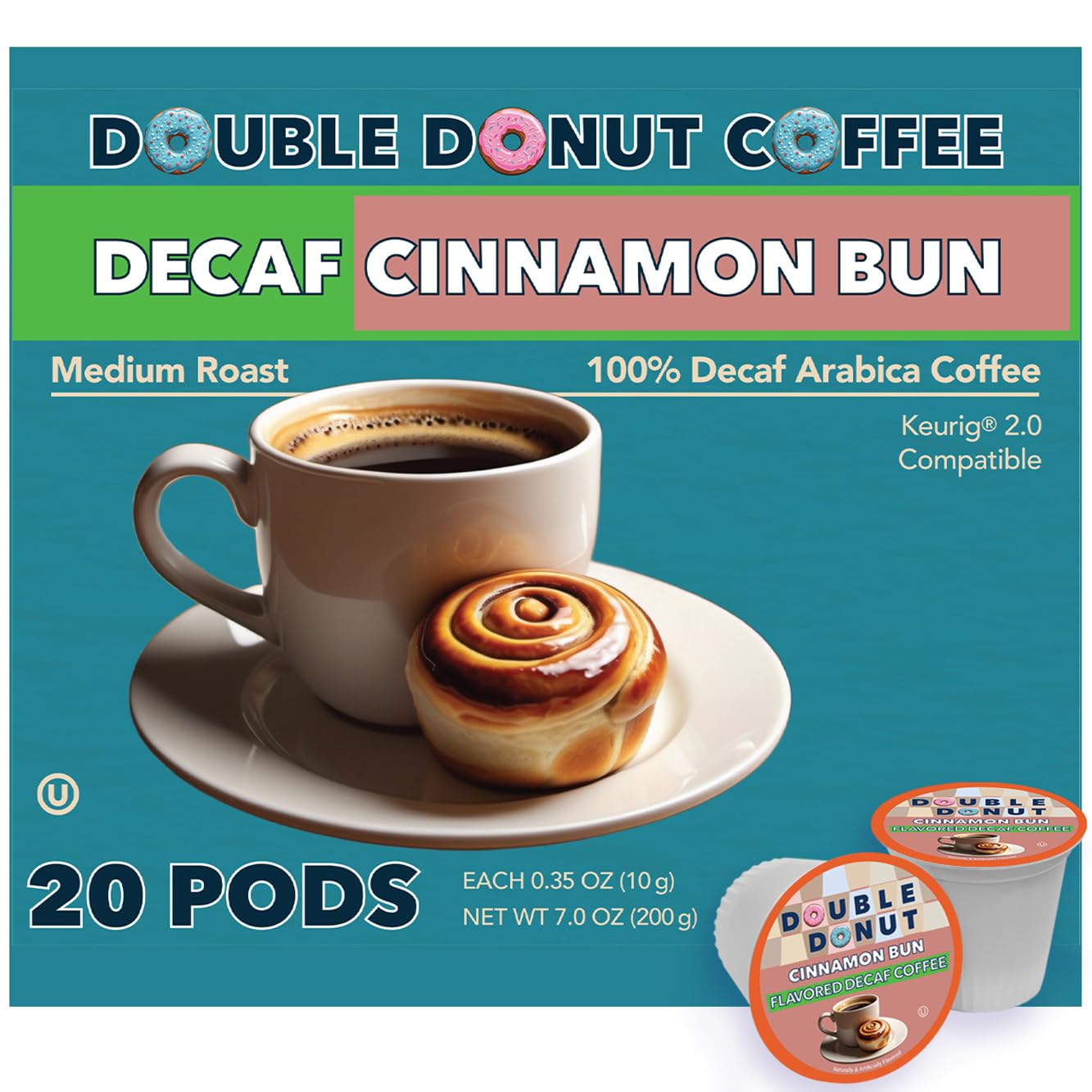 Double Donut Coffee Double Donut Medium Roast Decaf Coffee Pods, Classic, for Keurig K-Cup Machines, 24 Single-Serve Capsules per Box