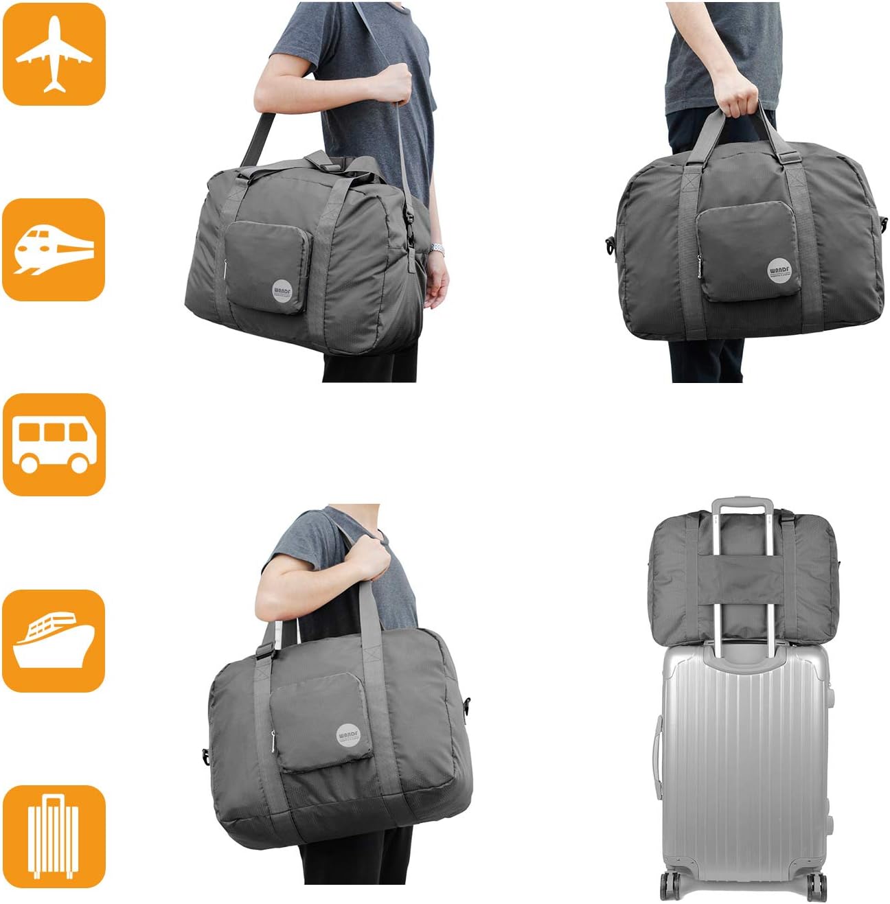 WANDF Foldable Personal Item Bag, Carry on Travel Duffle Bag | Frontier Airline Underseat Fit, 18x14x8 inches, Weekend Overnight Trips, Packable