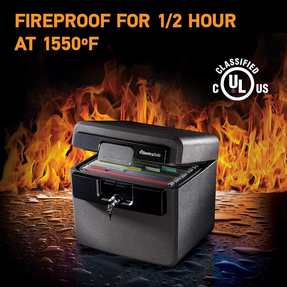 SentrySafe Black Fireproof and Waterproof Safe, File Folder and Document Box with Key Lock, 14.3 x 15.5 x 13.5 inches