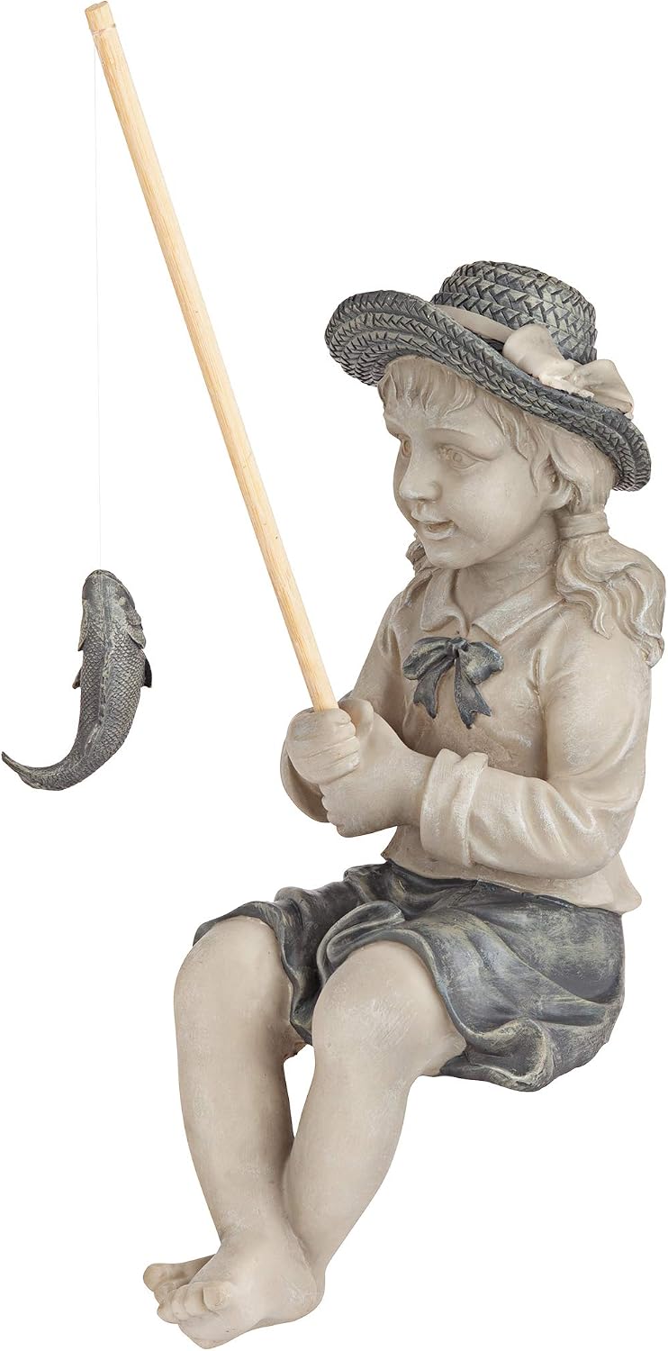 Design Toscano Frederic the Little Fisherman of Avignon Boy Fishing Garden Statue, 15 Inch Tall, Cast Stone Resin, Two Tone Stone Finish