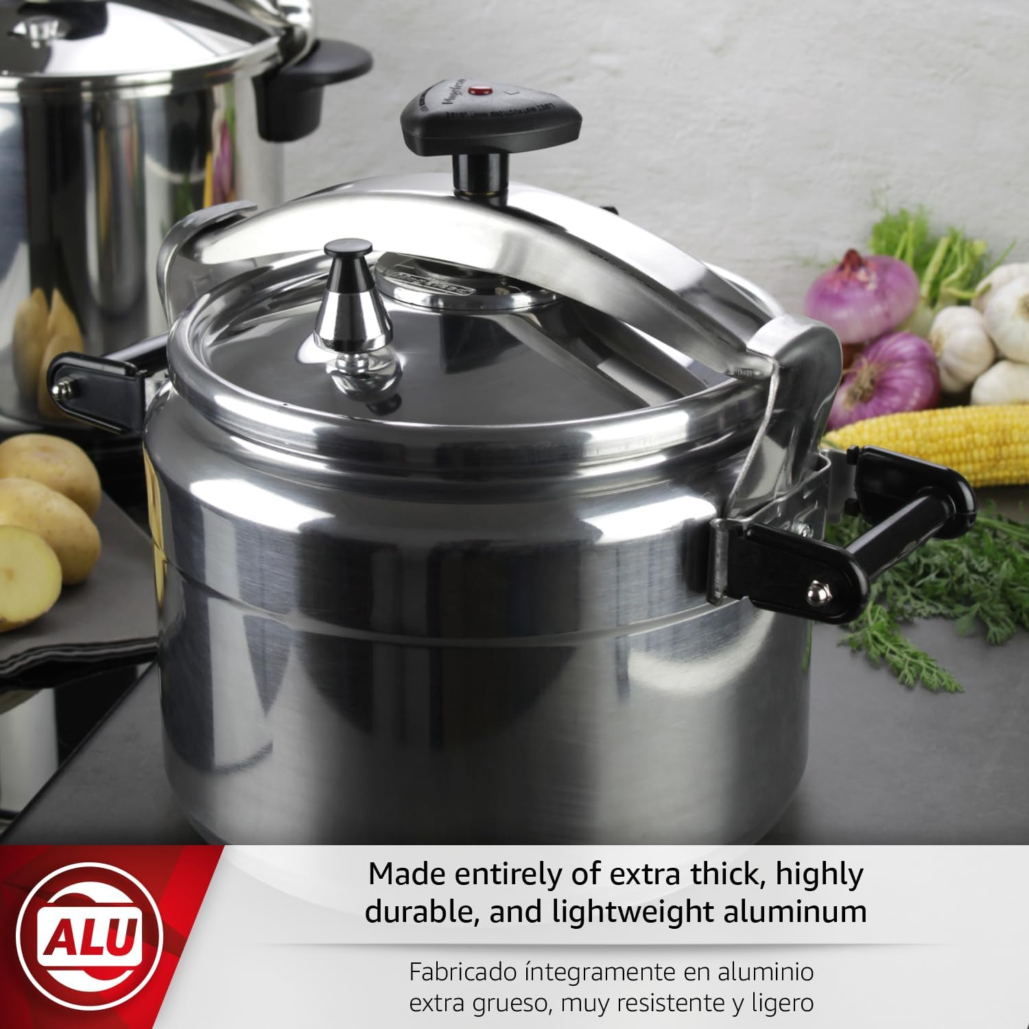 MAGEFESA Chef 23-Quart Aluminum Pressure Cooker – Stainless Steel Lid, Thermodiffusion Base, 3 Safety Systems, Fast & Even Cooking
