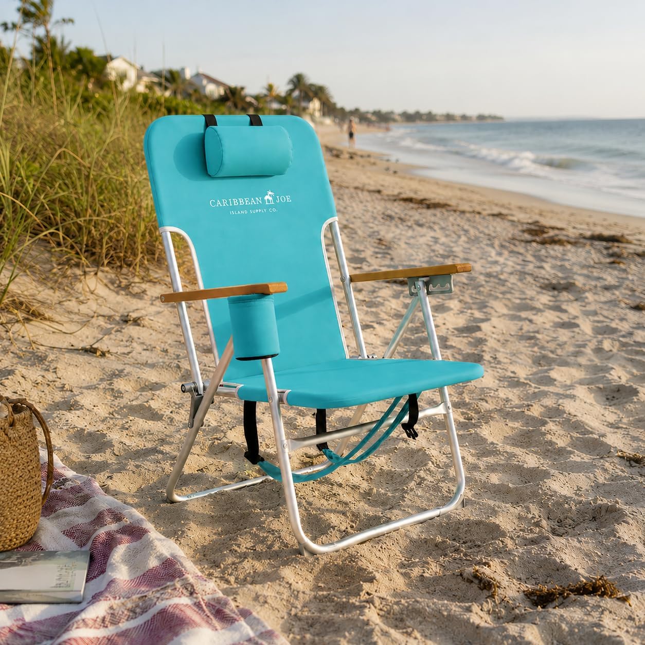 CARIBBEAN JOE Folding Beach Chair, 4 Position Portable Backpack Foldable Camping Chair with Headrest, Cup Holder, and Wooden Armrests