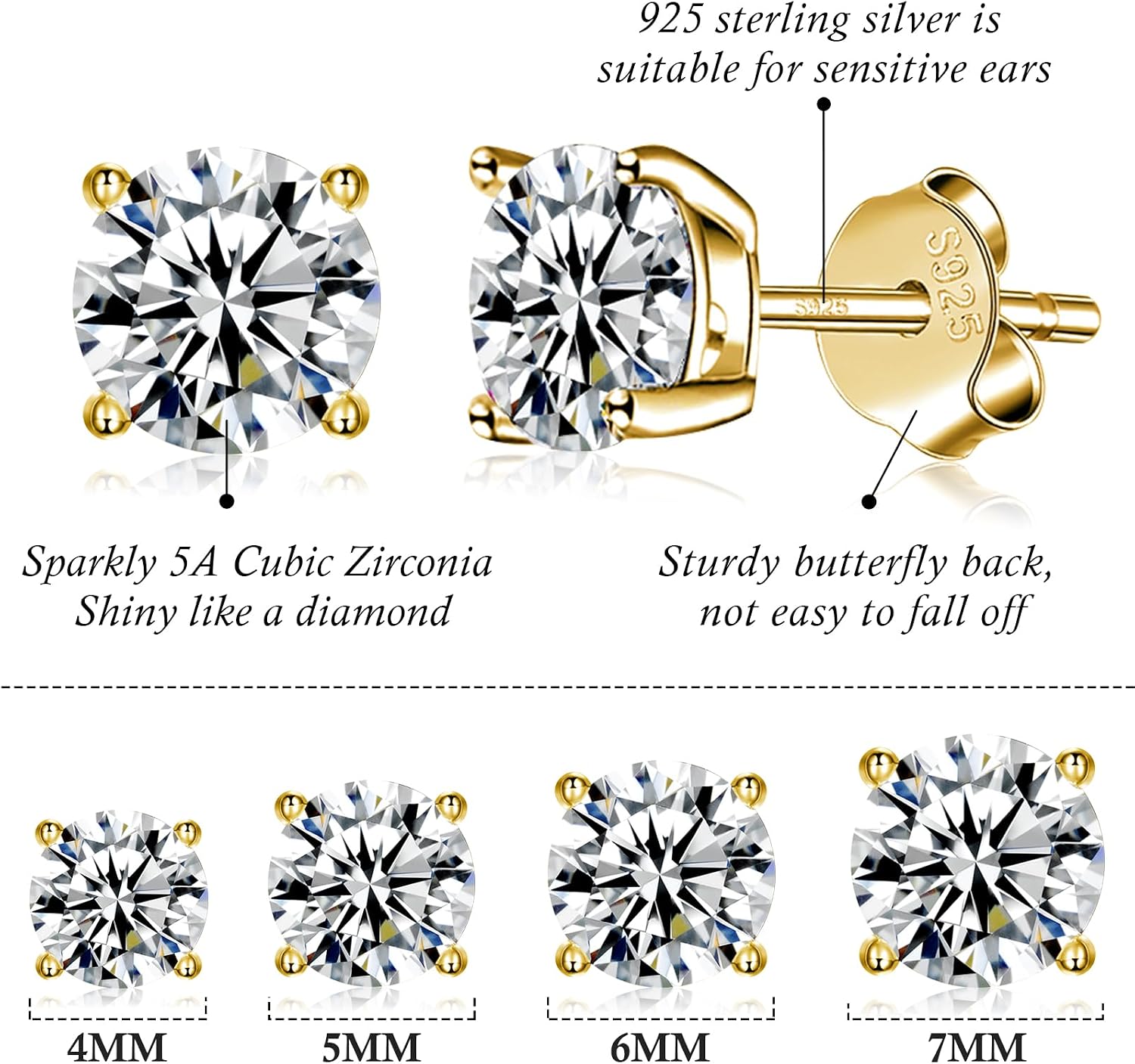 925 Sterling Silver Stud earrings Set | White Gold Plated Hypoallergenic Stud Earrings | Cubic Zirconia Stud Earrings for Women (2mm, 3mm, 4mm, 5mm