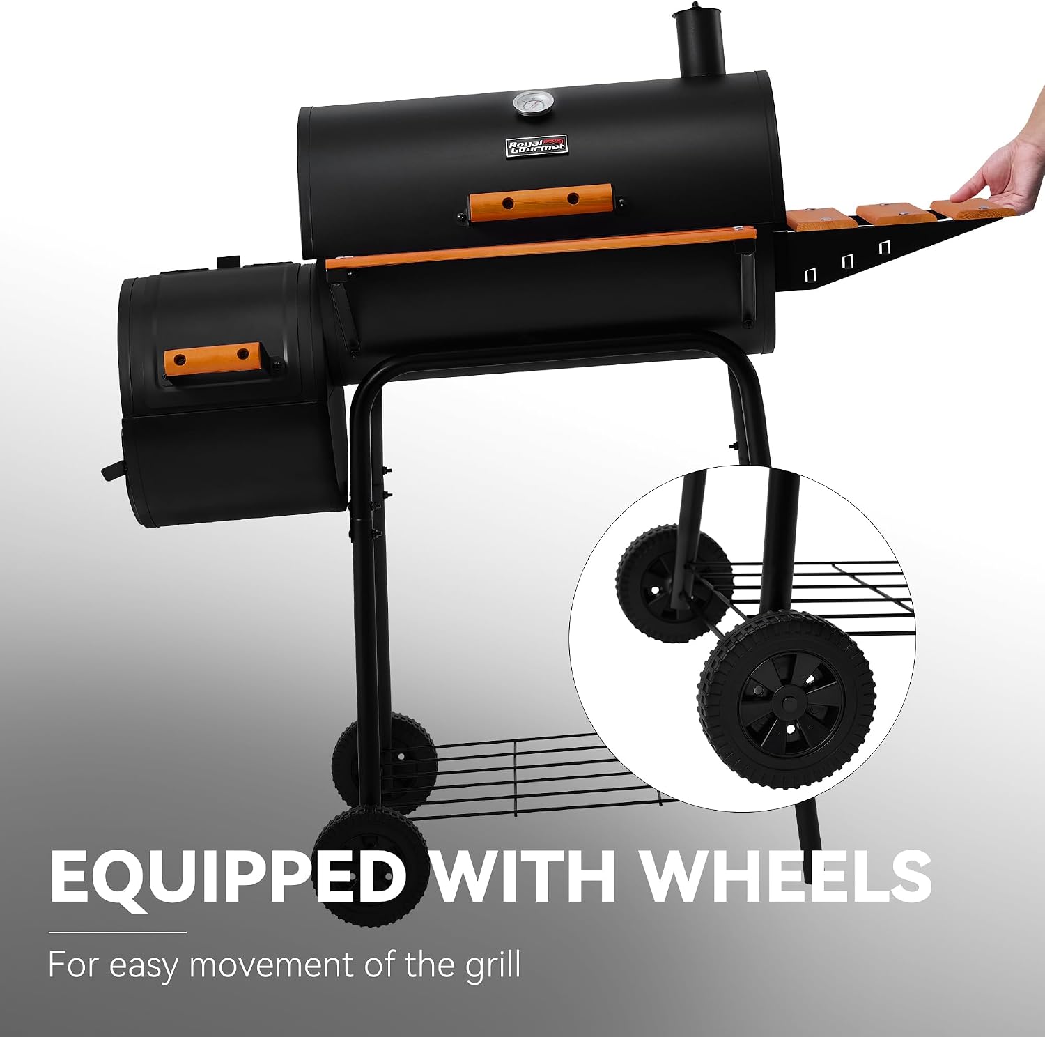 Royal Gourmet CC1624W Barrel Charcoal Grill with Offset Smoker, 552 Sq. In. | Wooden Front and Side Shelf with Hooks, Mesh Bottom Shelf