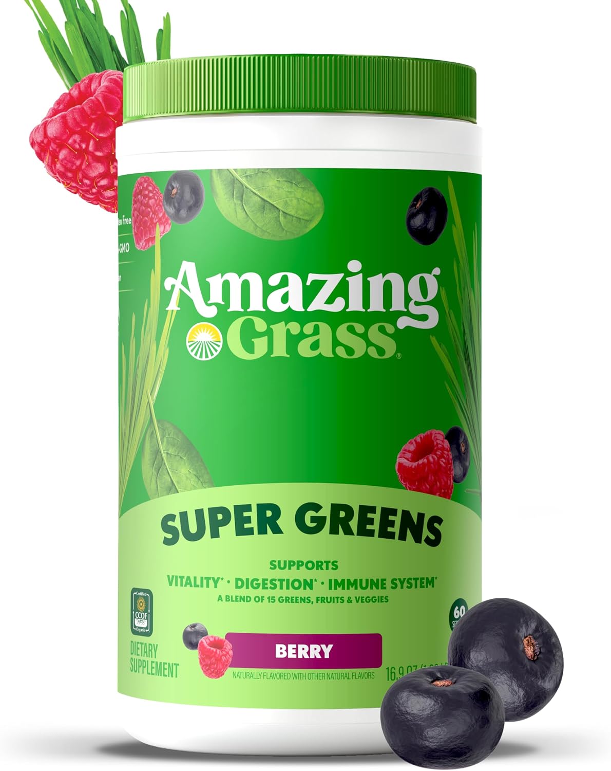 Amazing Grass Super Greens Powder Original, 60 Servings, 16.9 oz | Organic Greens Superfood Powder with Spirulina, Beet Root, Probiotics & Digestive Enzymes to Support Digestion