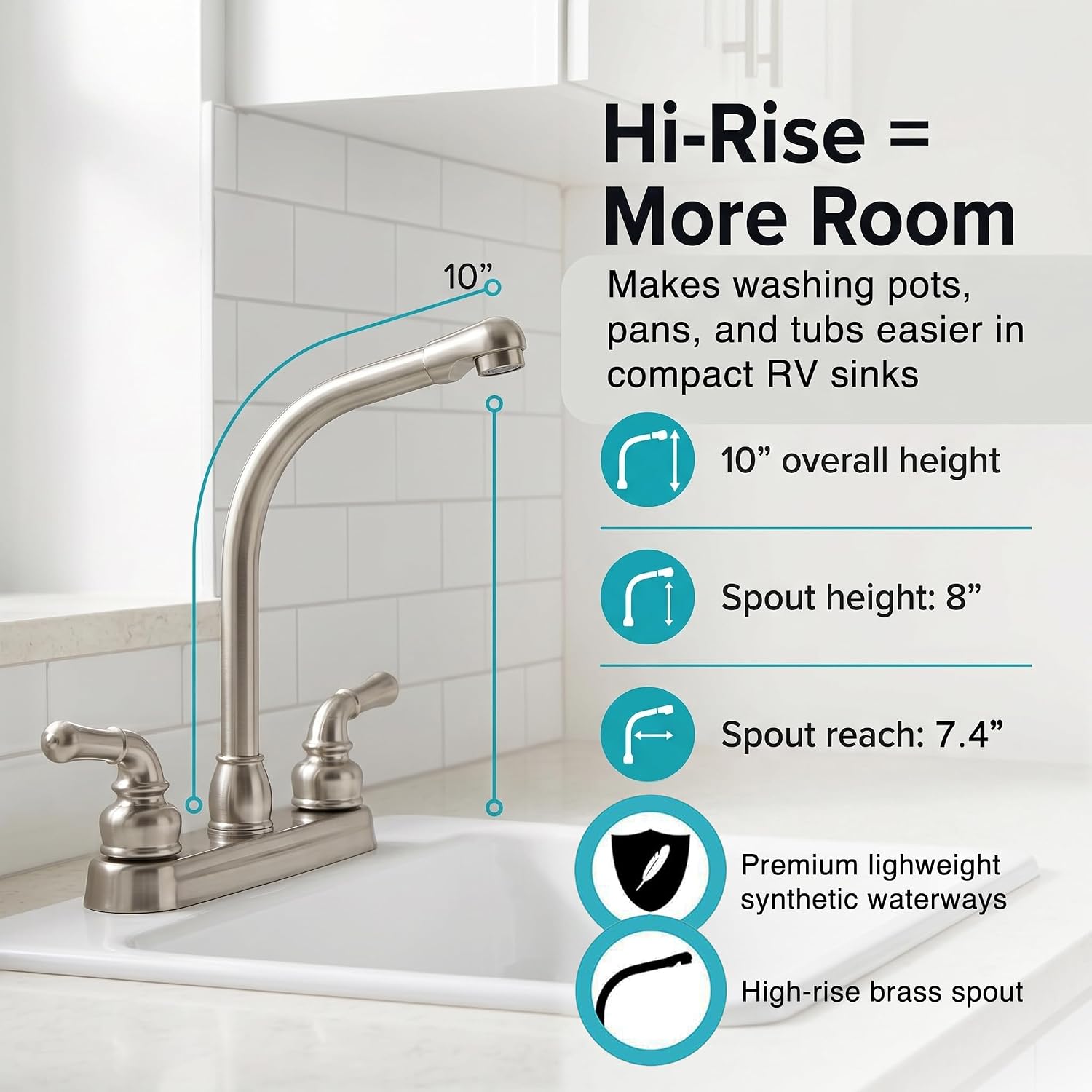 Dura Faucet DF-PK210C-SN RV Hi-Rise Kitchen Sink Faucet (Satin Nickel) | Tall spout and classical levers make washing big pots easy. Brushed Satin Nickel.