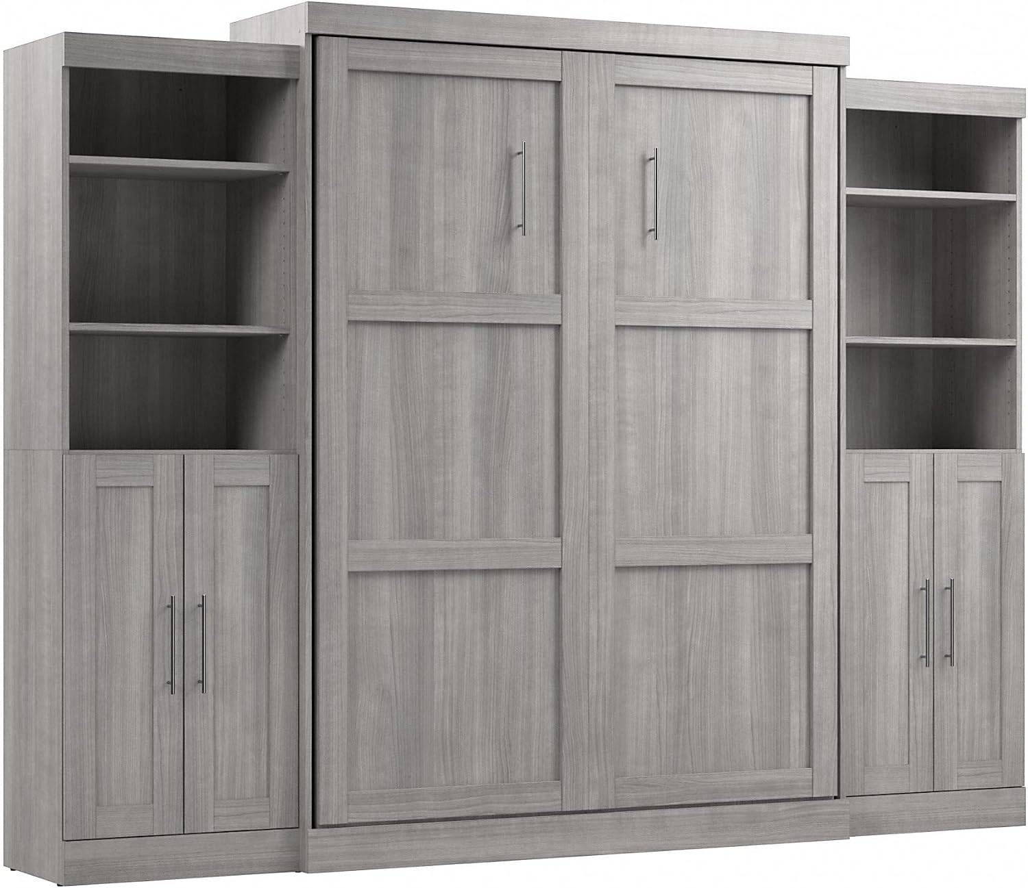 Bestar Pur Full Murphy Bed and 2 Shelving Units with Drawers, 109-inch Space-Saving Sleeping Arrangement in White | 2 Shelving Units with Drawers; supports up to 1000 lb; min. ceiling height 86.4 in.; dual piston mechanism; 10-year warranty