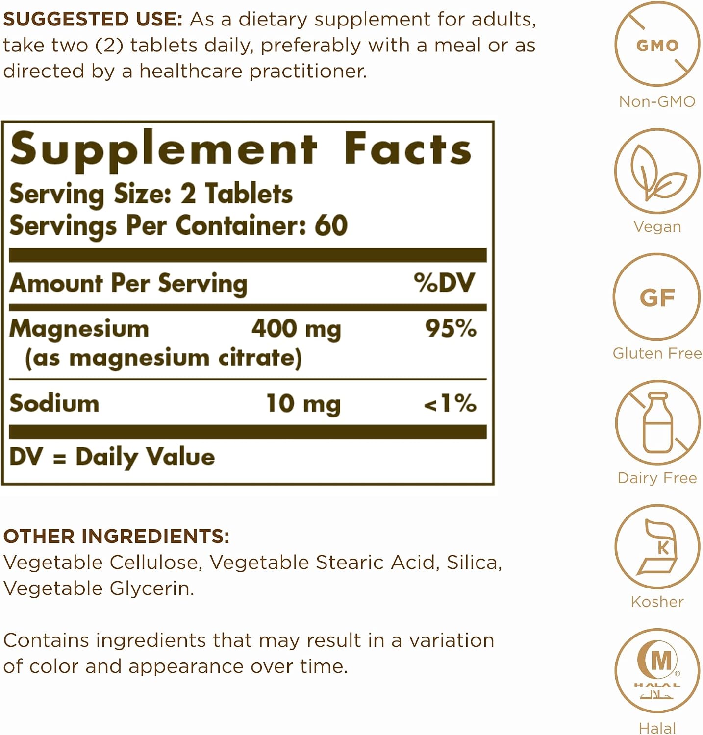 Solgar Magnesium Citrate - 120 Tablets, Pack of 2 - Promotes Healthy Bones, Supports Nerve & Muscle Function - Highly Absorbable - Non-GMO, Vegan, Gluten Free, Kosher - 120 Total Servings