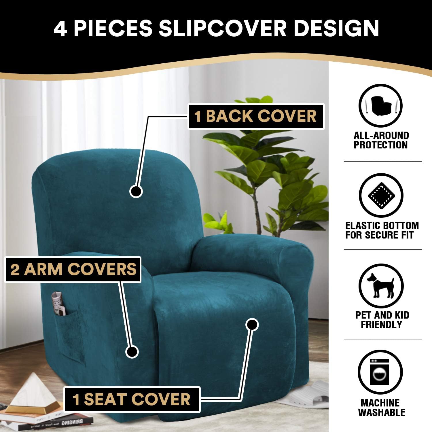 PrinceDeco Recliner Chair Cover Velvet Stretch Recliner Couch Covers 4-Pieces Style Recliner Chair Covers Recliner Cover for Reclining Chair