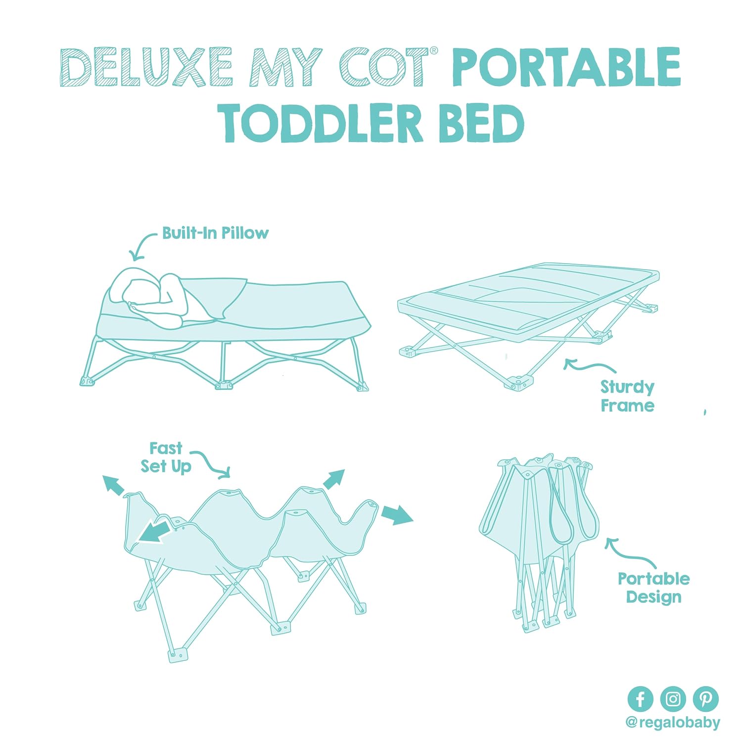 Regalo My Cot Deluxe Portable Toddler Bed, Indoor/Outdoor Kids Nap Cot with Sleeping Bag & Pillow, Lightweight Folding Travel Design for Home, Daycare