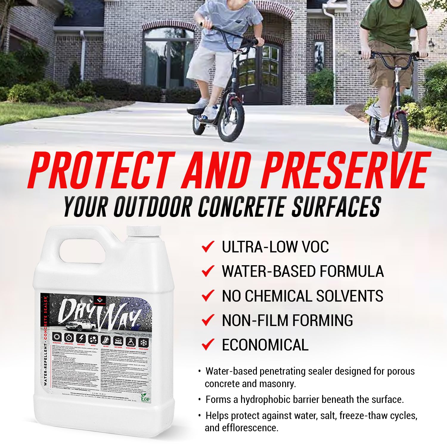 DryWay Silane Siloxane Penetrating Concrete Driveway Sealer, Natural Finish | Breathable Water-Repellent Concrete Sealer for Brick, Pavers, Patios, Pool Decks & Outdoor Concrete - Non-Film Forming
