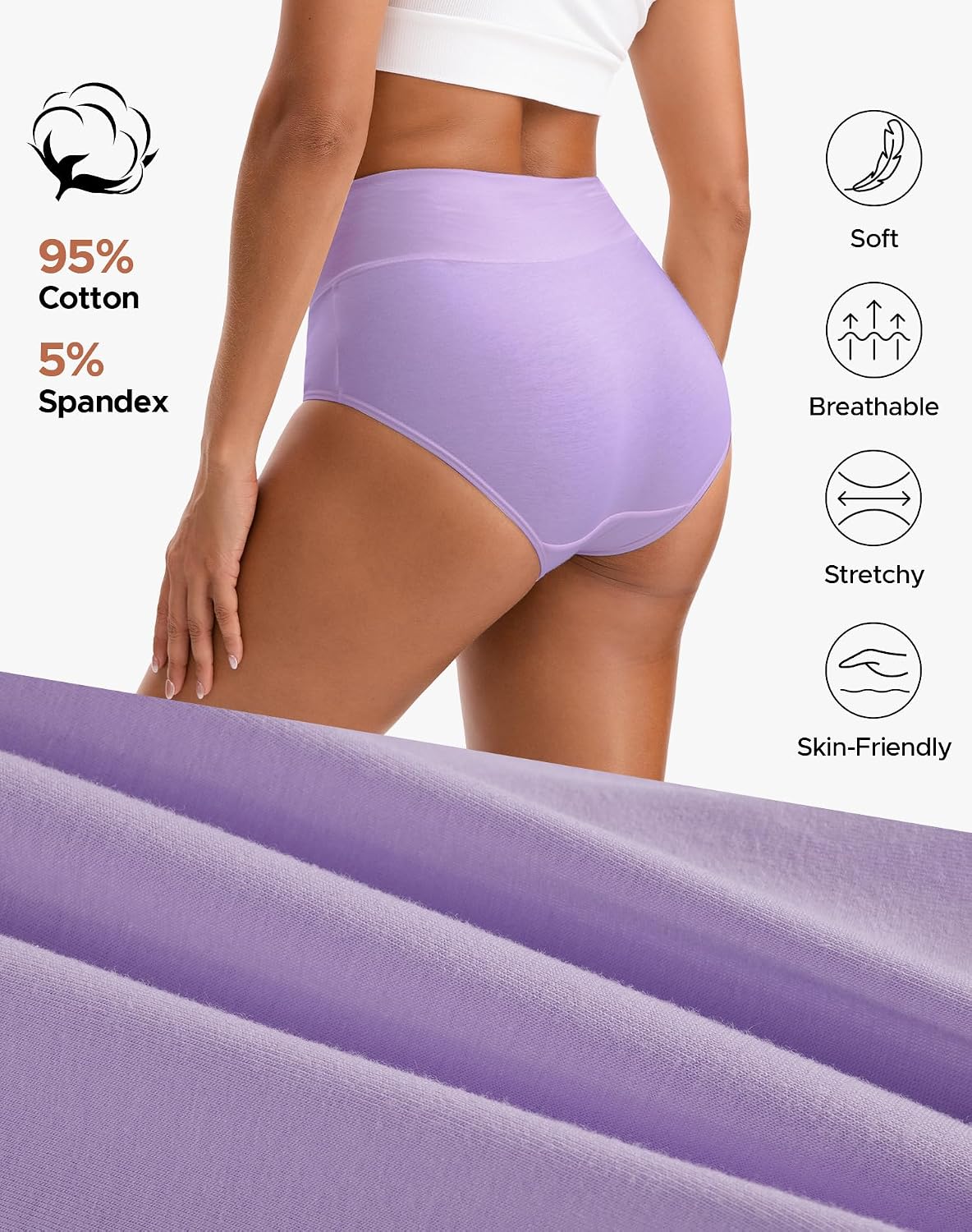 INNERSY Women's High Waisted Underwear Cotton Panties Regular & Plus Size 5-Pack