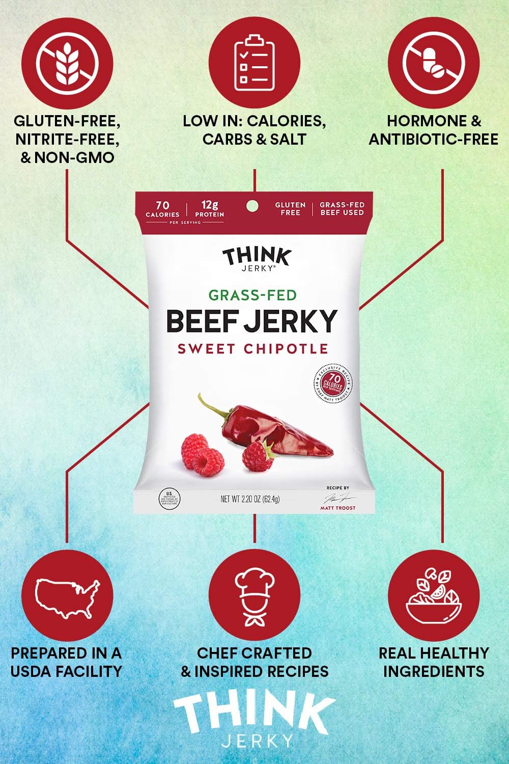 Think Jerky Sesame Teriyaki Beef Jerky, Grass-Fed High Protein Beef Jerky, Gluten Free, No Antibiotics or Nitrates, Healthy Chef Crafted Recipe, Low Calorie and Low Fat - 2.2 oz Bags, 4 Pack