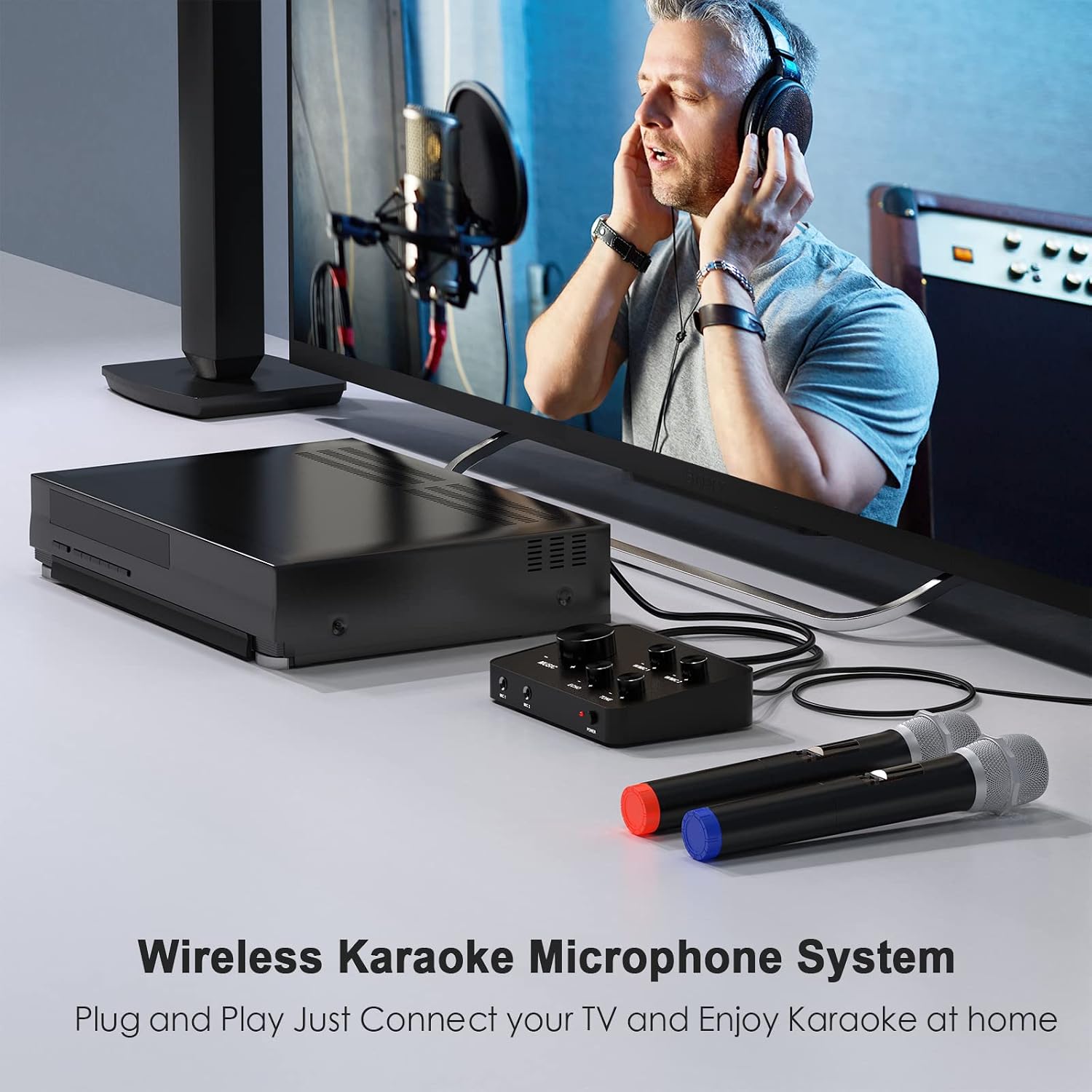 Rybozen Wireless Microphone Karaoke Mixer System, Dual Handheld Wireless Microphone for Karaoke, Smart TV, PC, Speaker, Amplifier, Church