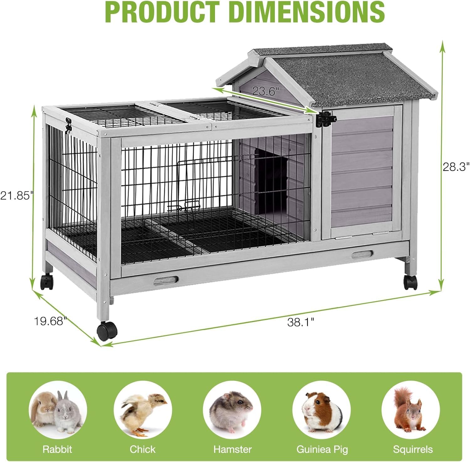 Outdoor Rabbit Hutch Indoor Bunny on Wheels Large Guinea Pig Cage with Run for Any Small Animals,Removable Pull Out Tray