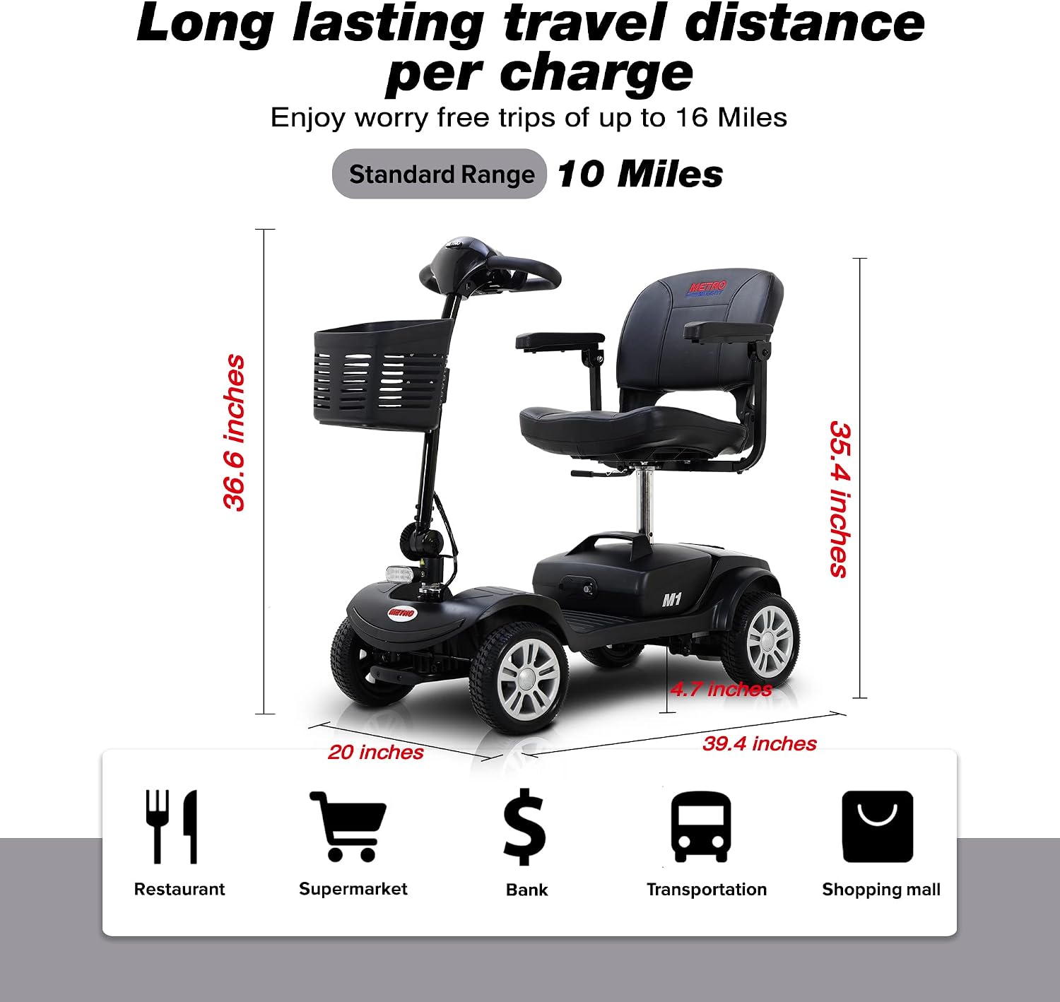 Metro Mobility 4 Wheel Foldable Mobility Scooter for Adults - 300 lbs Capacity Electric Mobility Scooters for Seniors - Long Range Power Extended