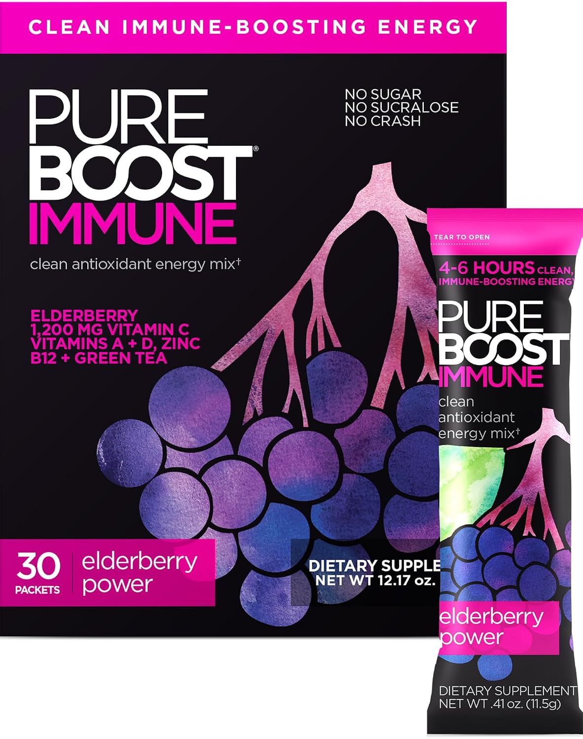 Pureboost Sugar-Free Immune Clean Energy Booster Drink Mix, Combo Pack 30ct
