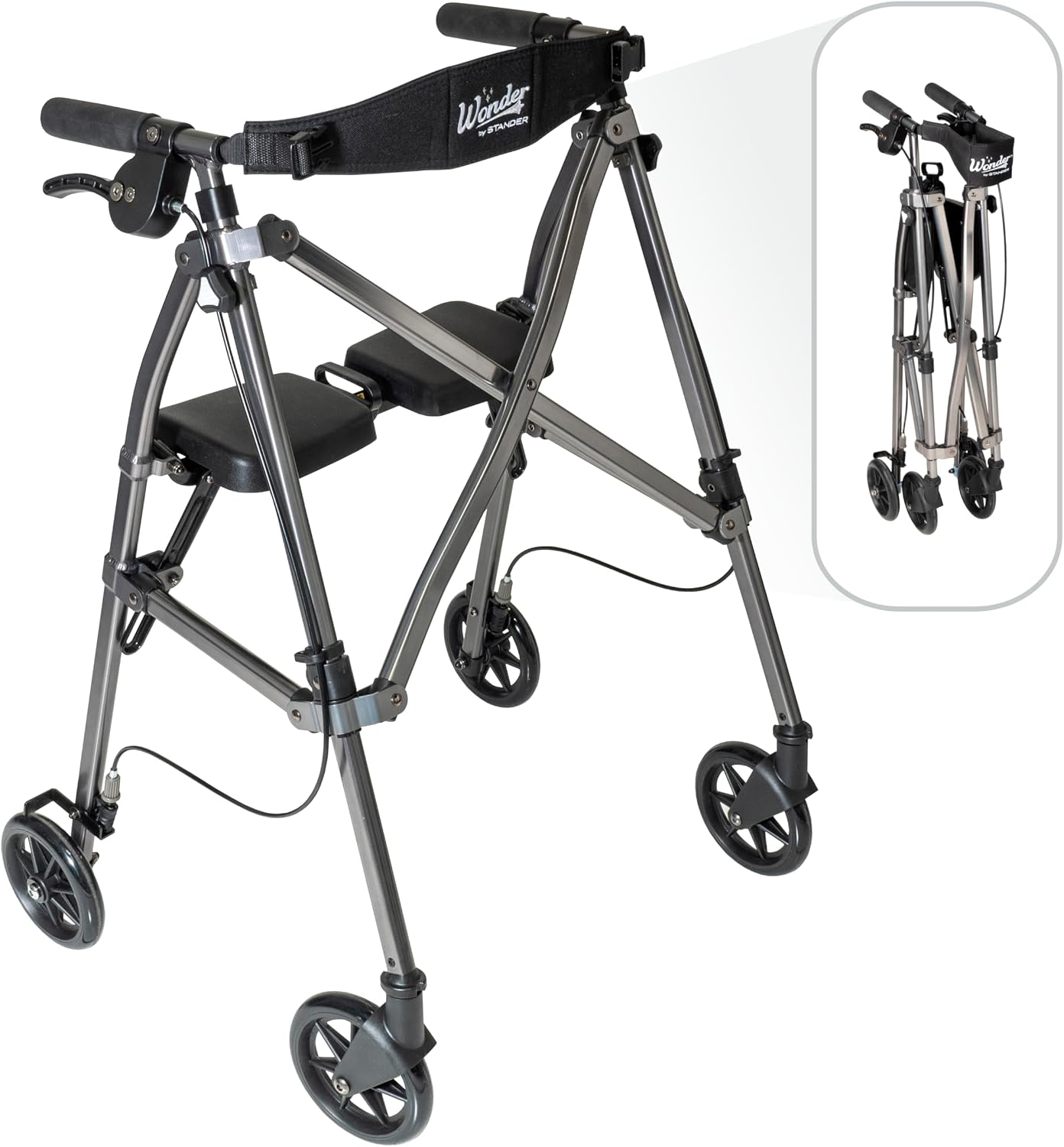 Stander Space Saver Rollator, Lightweight Folding Rolling Walker with Seat for Seniors & Adults, 4-Wheel Mobility Aid with 6-inch Wheels