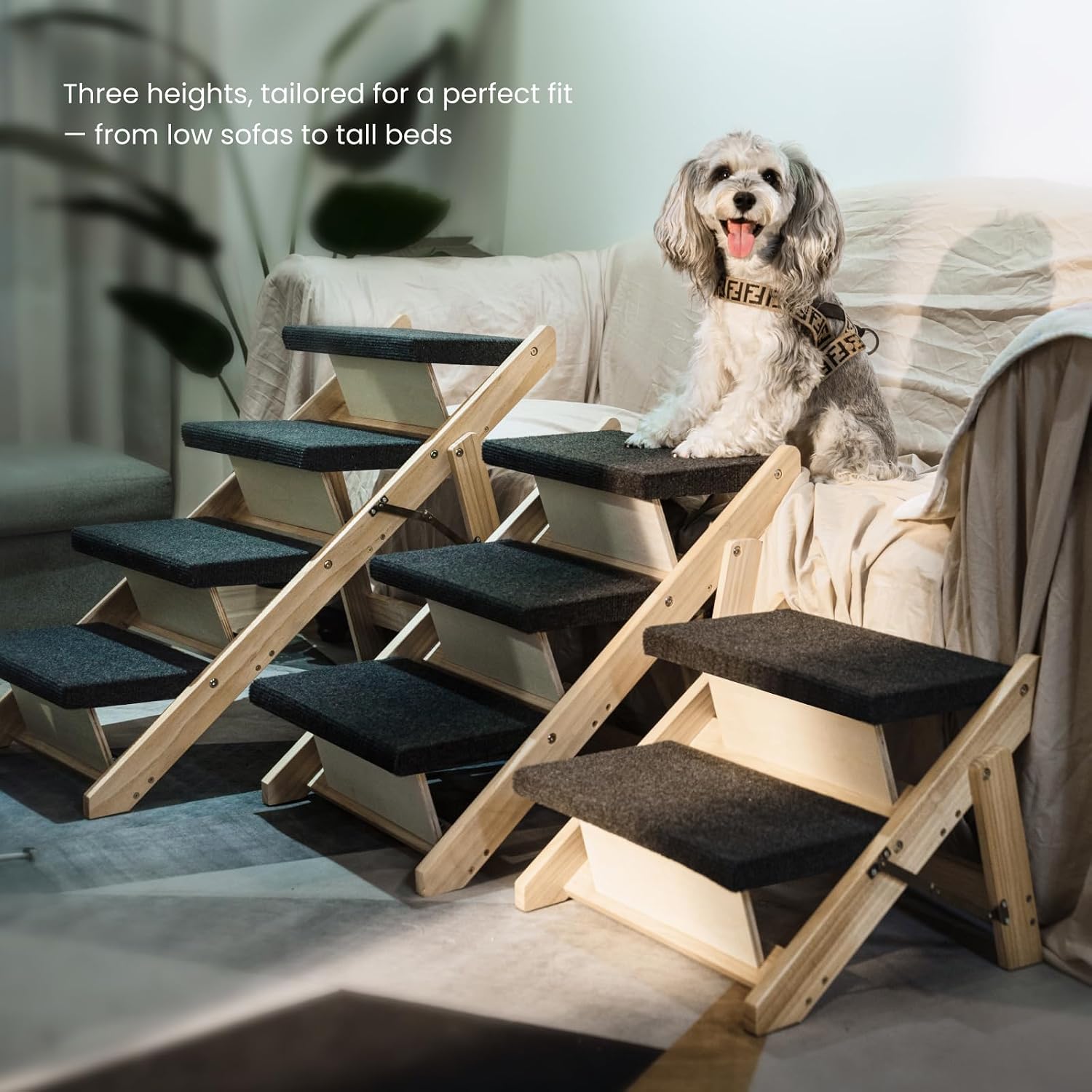 MEWANG Wood Pet Stairs & Ramp for Small/Medium Dogs & Cats, Aging Pets – 2-in-1 Foldable, Portable, Non-Slip Pet Ladder for Tall Beds, Couches