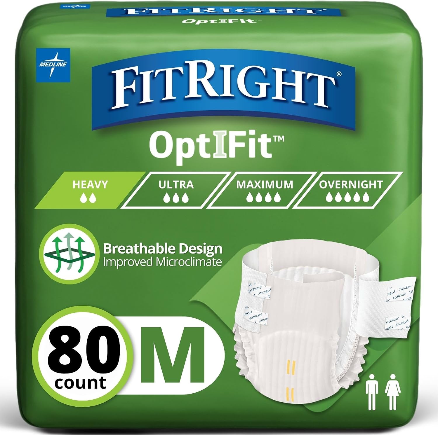 FitRight Adult Diapers, Extra Heavy Absorbency, XL (Waist Size 56in-64in), 80 Count, OptiFit Incontinence Briefs for Men and Women, Disposable, Moisture Wicking, Leak Protection,