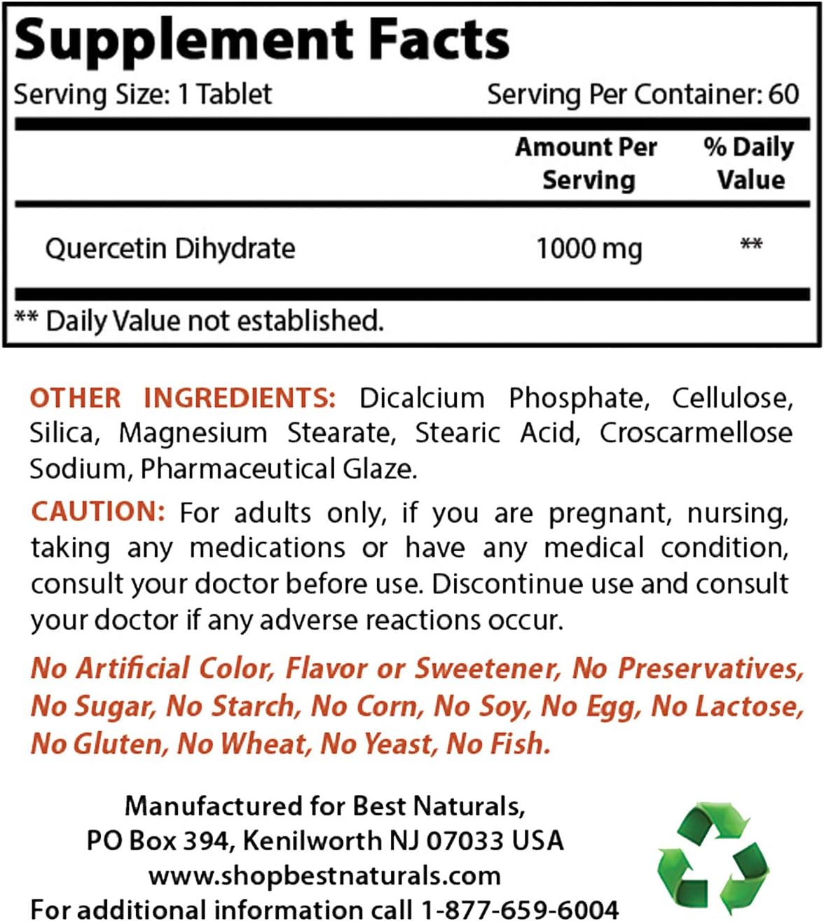 Best Naturals Quercetin 1000 mg Tablet - Immune Health - 60 Count