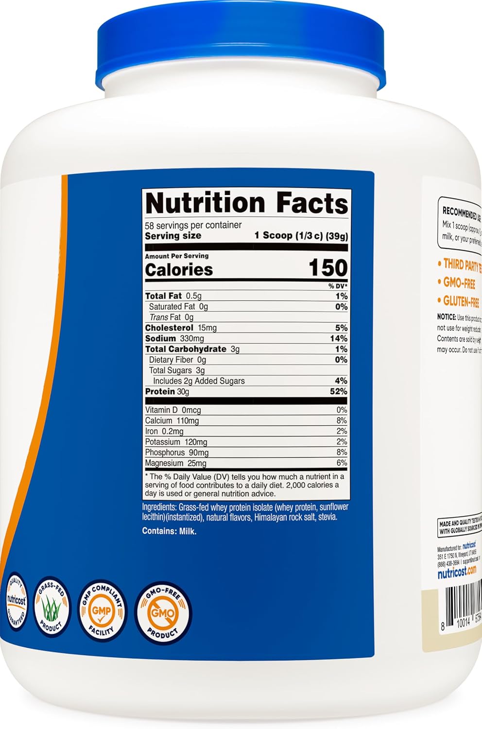 Nutricost Grass-Fed Whey Protein Isolate (Vanilla) 5LBS | GMO-Free, Gluten Free, Natural Flavors
