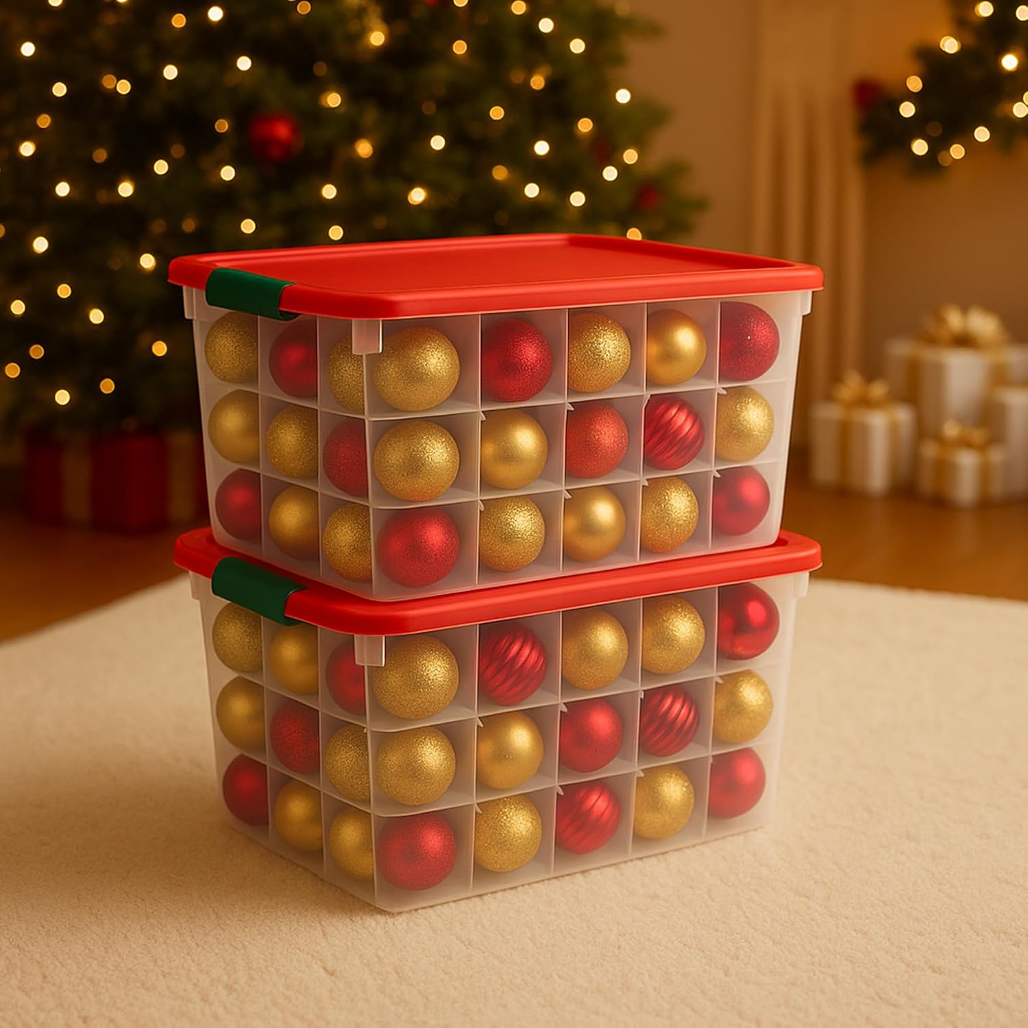 HOMZ Holiday Tote Plastic Storage Bin with Lid, 112 Qt, Clear/Red, 2 Pack