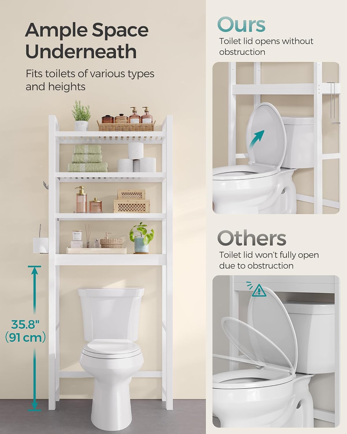 SONGMICS Over The Toilet Storage, 3-Tier Over Toilet Bathroom Organizer with Adjustable Shelf, 10.2 x 24.8 x 66.9 Inches, Space-Saving, Cloud White UBTS01WT