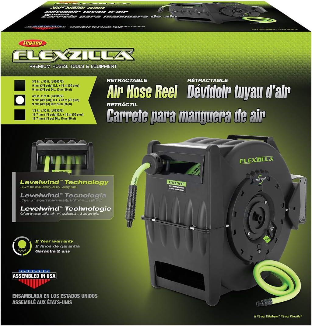 Flexzilla Levelwind Retractable Air Hose Reel, 3/8 in. x 75 ft., Heavy Duty, Lightweight, Hybrid, ZillaGreen - L8306FZ