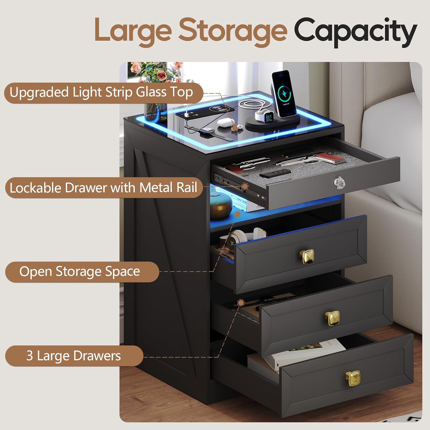 Smart LED Nightstand with Lockable Gun Drawer & Glass Top（Black） | Modern Bedside Table with Charging Station and Hidden Storage, LED Night Stand with 4 Drawers & Motion Sensor for Bedroom
