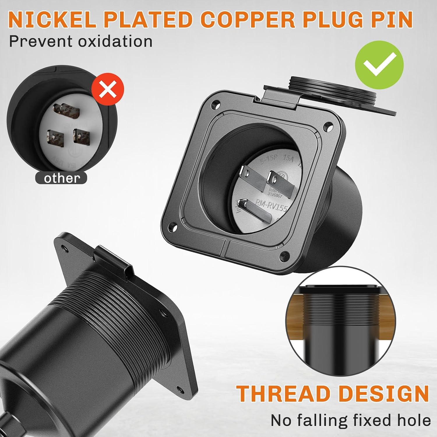 WELLUCK 15 Amp Flanged Inlet 125V, NEMA 5-15 RV Shore Power Inlet Plug w/Waterproof and Back Cover, 2 Pole 3-Wire AC Port Plug