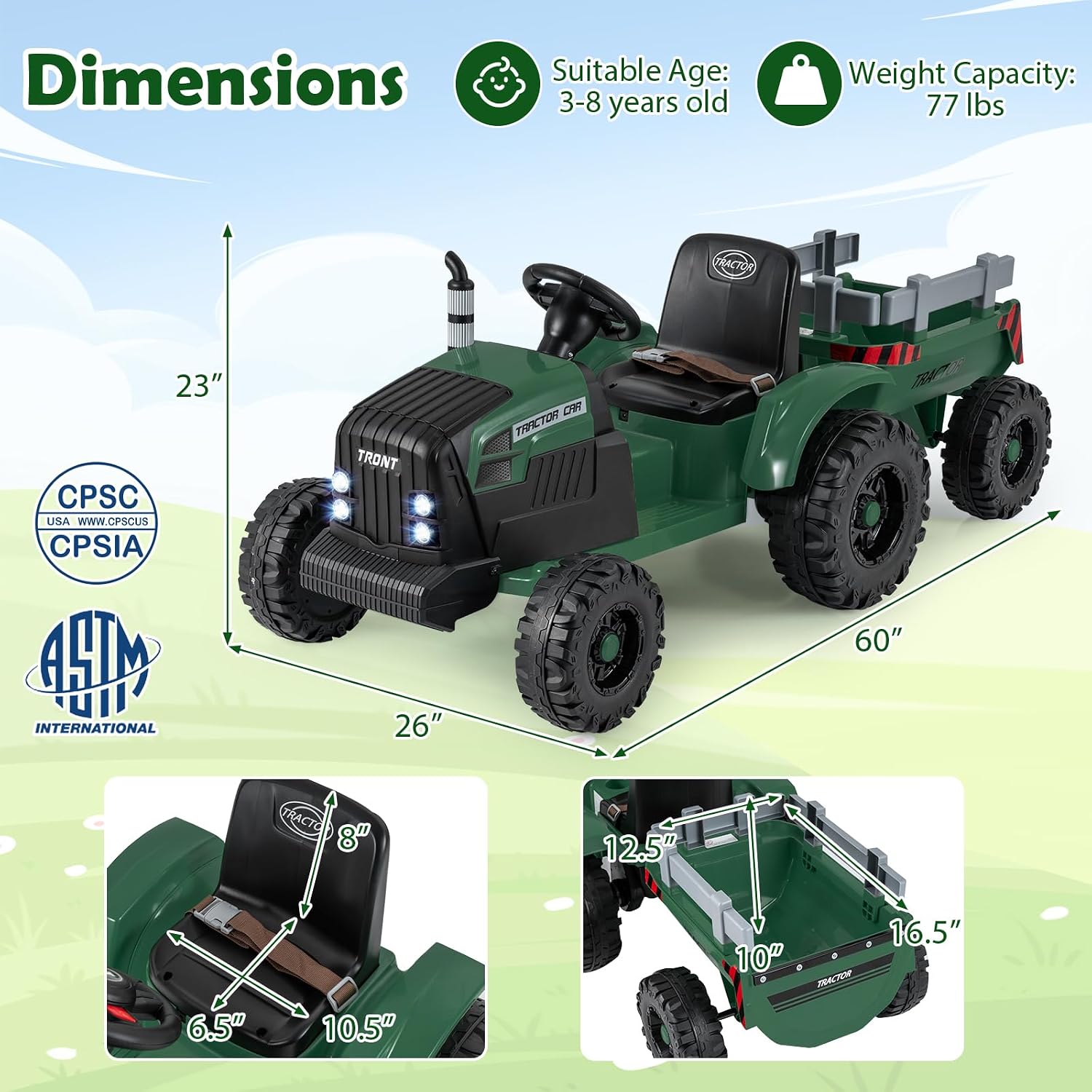 Costzon Ride on Tractor with Detachable Trailer, Kids' Electric Vehicles w/3-Gear-Shift Ground Loader, Wireless Design & USB, 7 LED Headlights