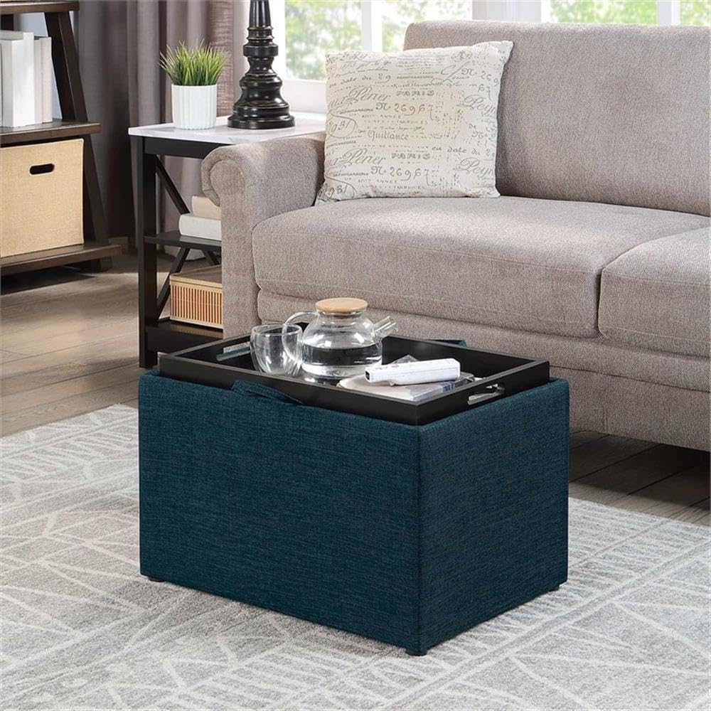 Convenience Concepts Designs4Comfort Accent Storage Ottoman 22.75" - Modern Foot Stool with Decorative Tray for Living Room, Dining Room, Office, Blue Faux Leather