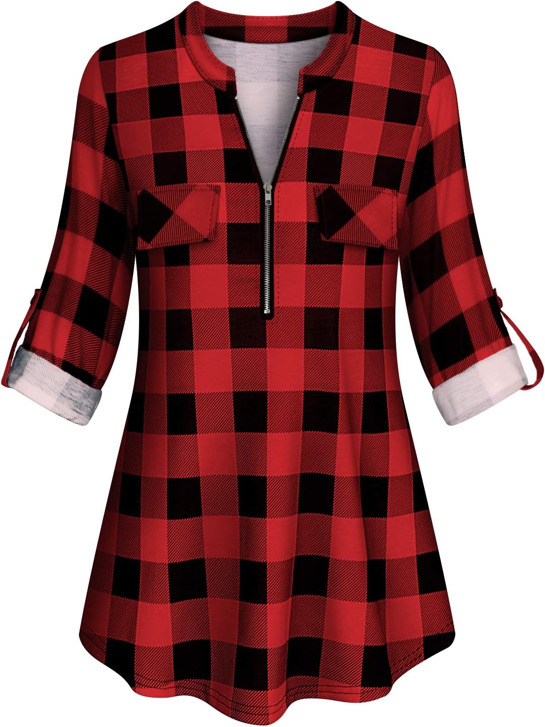 Tanst Sky Womens Casual Long Sleeve Zipped V Neck Plaid Tunic Blouses