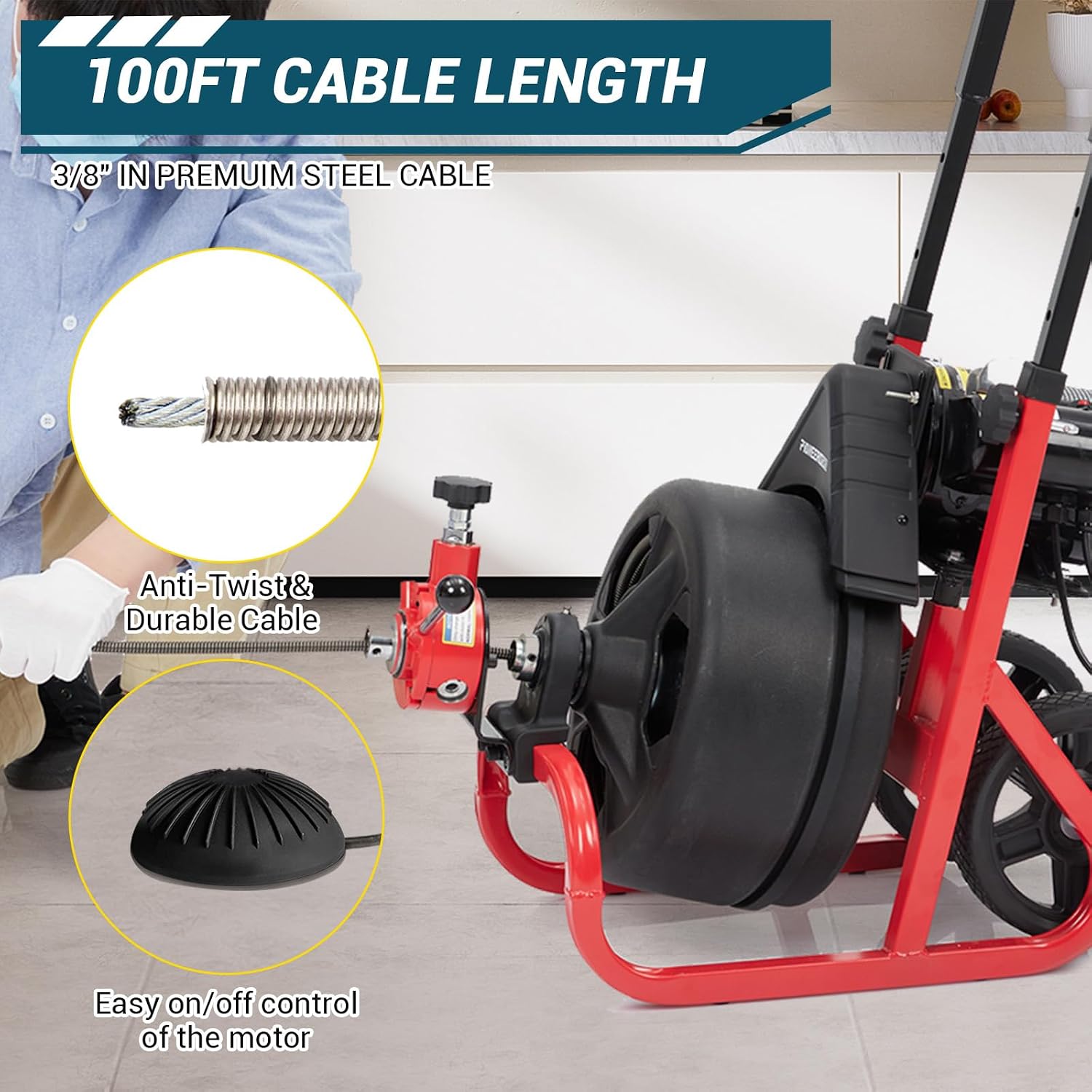 100Ft x 3/8 Inch Drain Cleaner Machine, 370w Electric Drain Auger Machine with Auto-Feed & 6 Cutters, Sewer Snake Auger with Wheels