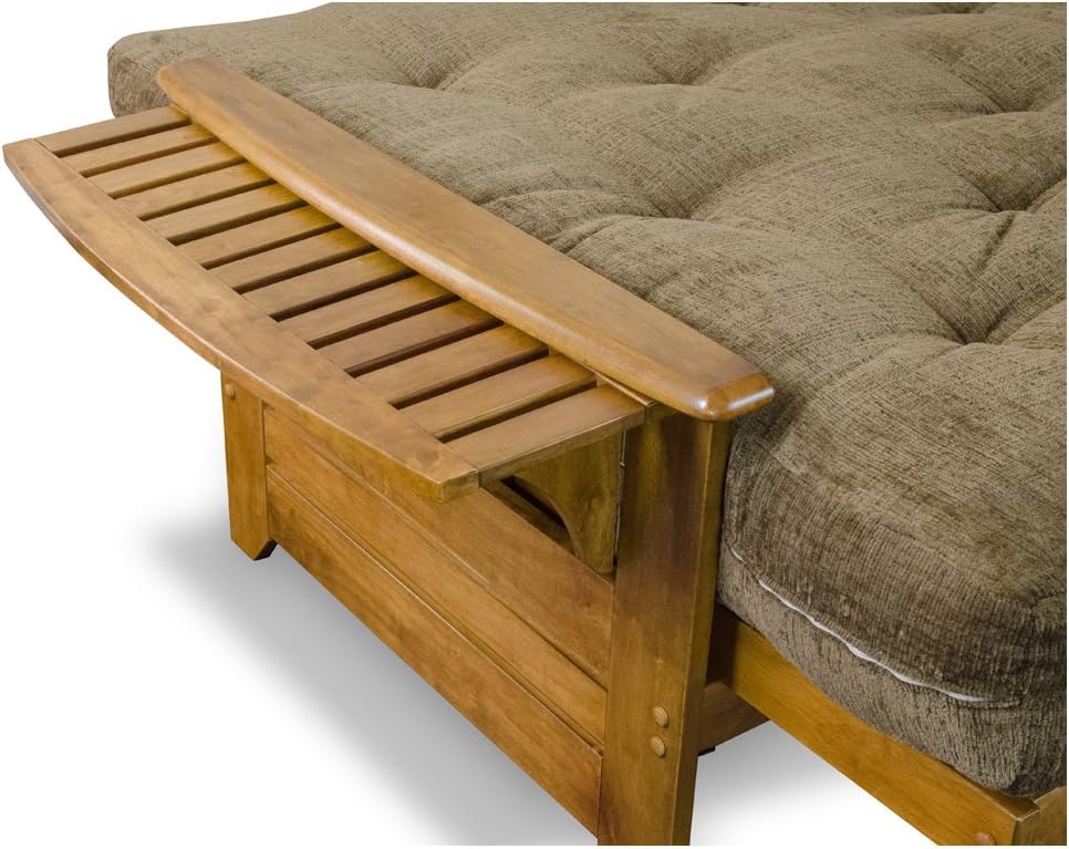 Brentwood Tray Arm Futon Sofabed Set - Queen Frame, 8" Microfiber Fudge Mattress, Heritage Finish