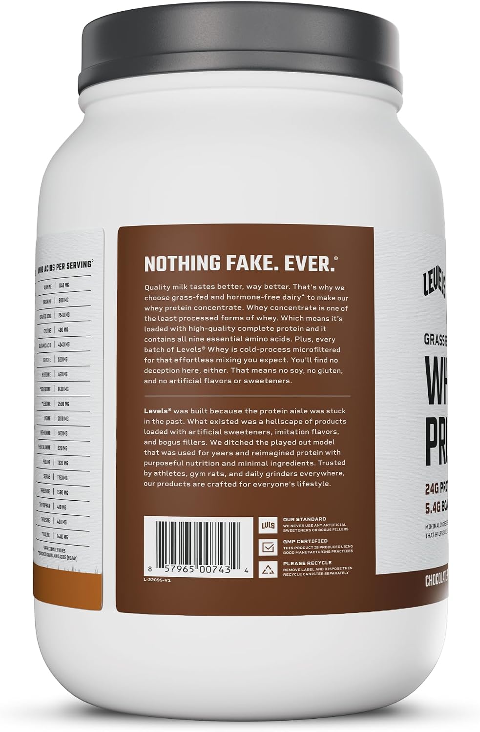 Levels Whey Protein Powder, No Artificial Ingredients, Pure Chocolate, 5LB | 24G of Protein, 5.4G BCAAs, Clean Ingredients, Hormone Free Dairy, No Fillers, No Added Sugar, No Junk