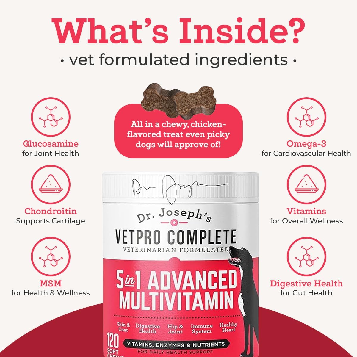 Dr. Joseph's VetPro Complete Multivitamin Dog Supplement, 120 Count (Large Dog 60 Day Supply), 5in1 Chew with Vitamins, Enzymes & Nutrients