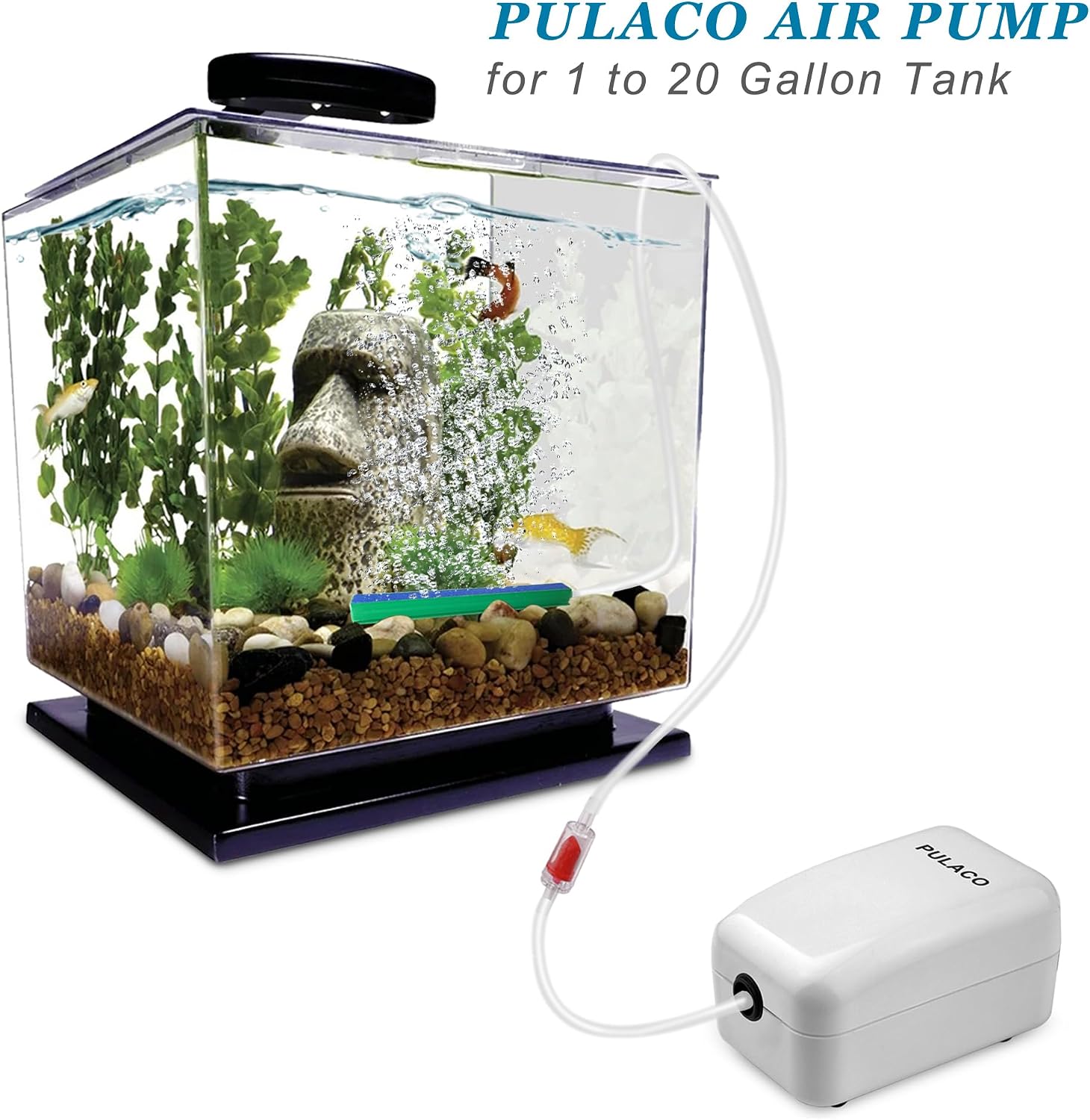 PULACO Ultra Quiet Mini Aquarium Fish Tank Air Pump for 1-20 Gallon Fish Bowl with Air Tube Air Bubbler Stone Check Valve
