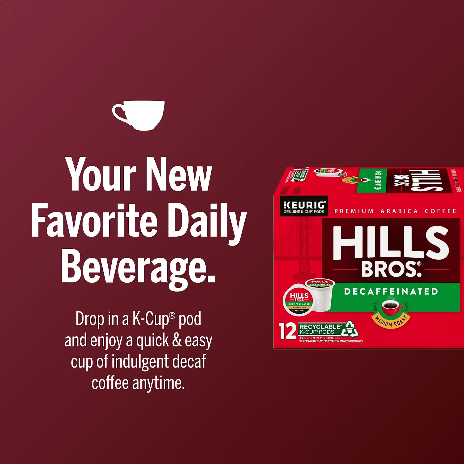 Hills Bros Single Serve Coffee Pods, 100% Colombian Ground Coffee, Medium Roast, 12 Count – Keurig Compatible, Roasted 100% Arabica Beans, Smooth Balanced Flavor