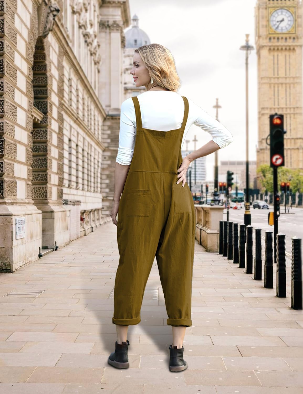 YESNO Women Long Casual Loose Bib Pants Overalls Baggy Rompers Jumpsuits with Pockets PV9