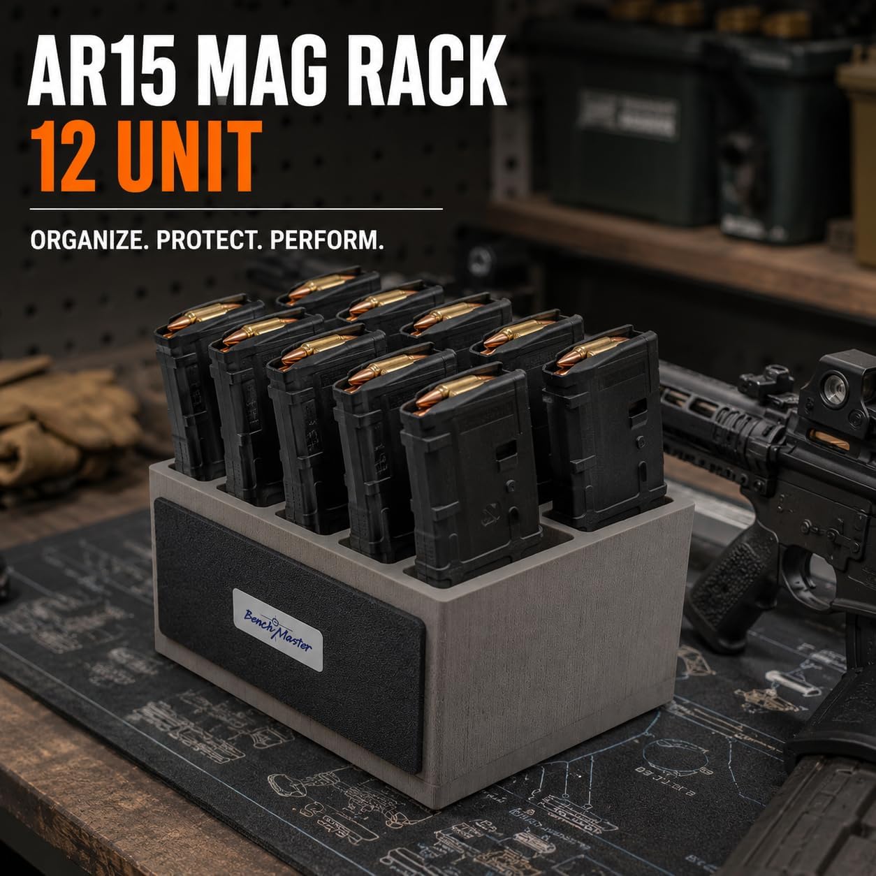 BenchMaster Weapon Rack AR Magazine Rack for Gun Safe, Holds 12 AR Magazines, High-Density Foam Gun Magazine Holder & Organizer