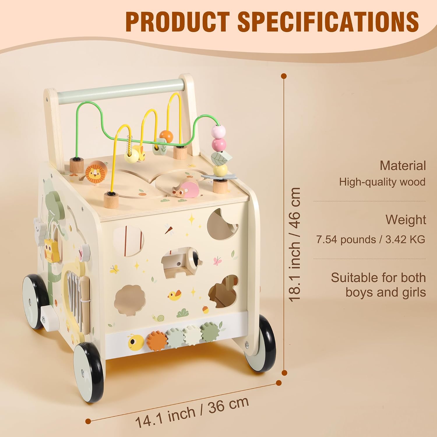 Pithfor Wooden Activity Cube Push Walker, Wooden Baby Walker, Montessori Push Toys for Babies Learning to Walk & Sit-to-Stand