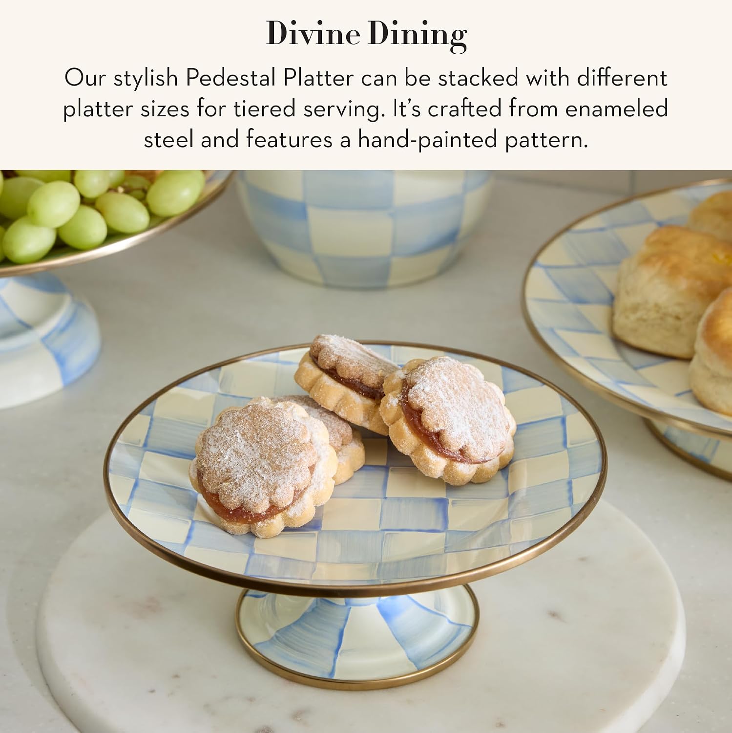MACKENZIE-CHILDS Pedestal Platter, Mini, Black-and-White Courtly Check | Hand-painted design, made from enameled steel, stackable round cake stand for serving desserts, 8" dia. x 3" H
